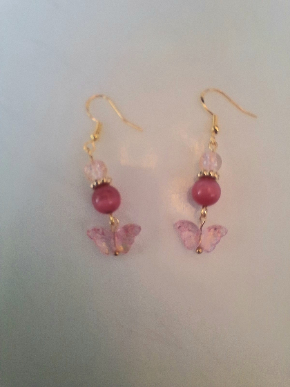 Gold-Tone Pink Bead & Pink Butterfly Dangle Earrings